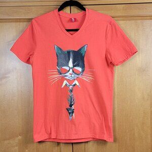 Bibisama Orange Cat With Fish Tie Short Sleeve V-Neck Stretch Cotton Tee - S
